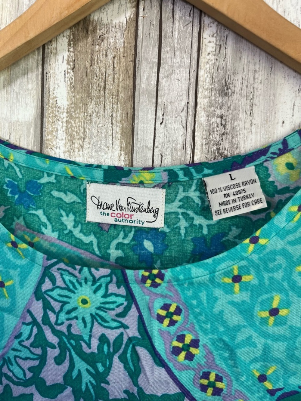 DVF Green Blue Paisley Floral Print Sleeveless Top Boho Blouse Size L 1990s - Picture 4 of 4